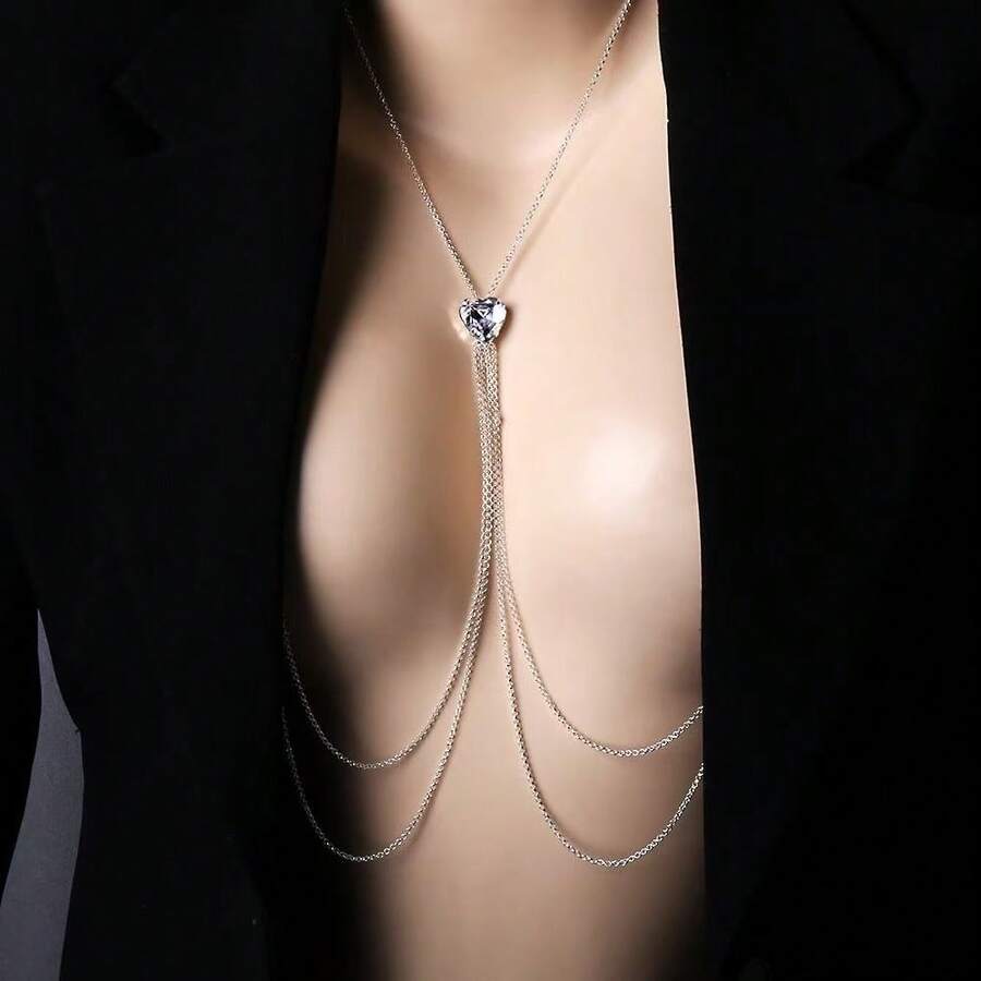 性感时尚高端镶钻胸链、上衣链、婚纱、夜店派对饰品，新款休闲简约仿珍珠吊带背心，少女风可爱串珠吊带背心，珍珠串珠身体链 - 銀色 - 查看 1