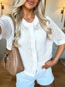 Áo khoác cardigan dệt kim tay ngắn cổ tròn mới mùa hè của FOR BEAUTY, áo nữ dáng rộng khoét lỗ mỏng cài nút màu trắng, kiểu dáng thường ngày đa năng, phù hợp cho đi mua sắm, dạo phố, dã ngoại, lễ tốt nghiệp, tiệc tùng mùa xuân. - trắng - Xem 5