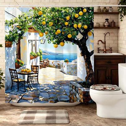 地中海柠檬树海景街景浴帘，明亮浴室装饰，海岸风情浴室套装（含浴帘），防水浴帘，欢快浴室装饰，浴室套装（含浴帘），黄蓝浴室帘，温馨浴室隔断帘，地中海主题浴室装饰，耐用布艺浴帘，阳光明媚的家居浴室套装