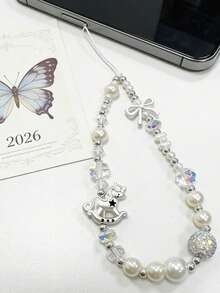 1件可爱女士Y2K水晶珍珠电镀小马合金蝴蝶结手机绳，ins风闪亮钻石星星绳包挂饰，适合度假旅行 - 彩色 - 查看 3