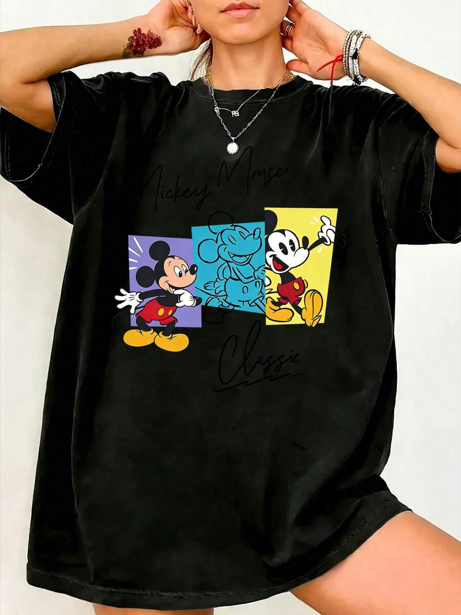 Disney Women's Casual Mickey Mouse Graphic Cotton T-Shirt, Short Sleeve Round Neck Regular Fit Pullover Top - Black - View 1
