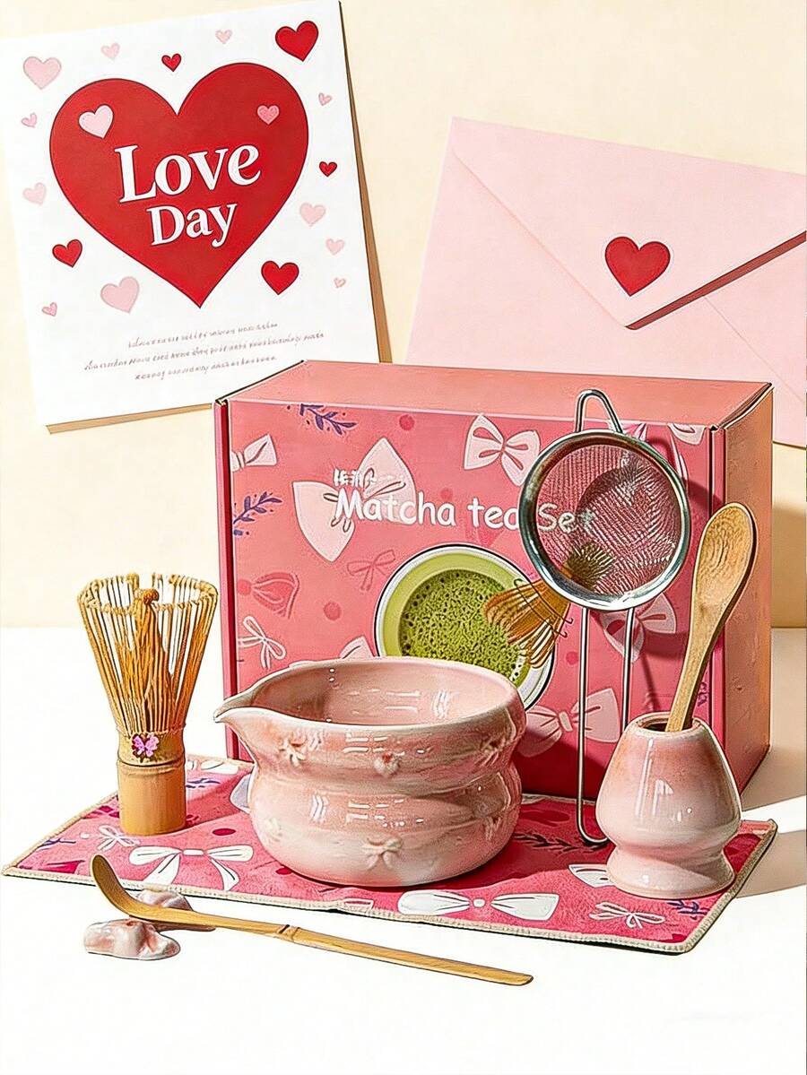 Matcha Set - 8-Piece Set, Including Matcha Brush, Measuring Spoon, Tea Utensils, Tea Bowl, And Stand. Pink Matcha Set, Perfect As A Gift For Lovers, Friends, Colleagues, Or Family, Suitable For Daily Use, Parties, Birthdays, Anniversaries, Mother's Day, Valentine's Day, And Easter (Pink). - Pink - View 1