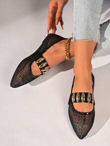 Damskie płaskie buty z metalową klamrą i ozdobnym paskiem, ze szpiczastym noskiem, luksusowy styl do dojazdów do pracy, odpowiednie na wiosnę i lato, do noszenia na co dzień, na randki, dojazdy do pracy, czarne, siateczkowe, oddychające, wygodne i uniwersalne buty typu Mary Jane - Czarne - Zobacz 6