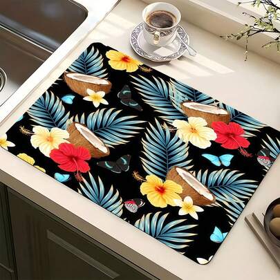 1pc Kitchen Counter Night Coconut Shadow Pattern Absorbent Non-Slip Coaster, Heat Resistant Countertop Decor For Coffee Bar