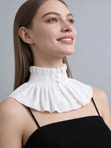 1 Pc White Luxurious Pearl Buckle Design With A Shawl Like Fake Collar, Elastic Neck Protection, Pleated Stand Collar, And Lace Cape On The Outside - White - View 5