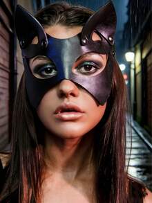 1 pieza Máscara de cuero con orejas de gato para disfraz, máscara de orejas de gato de cuero como accesorio para fiesta de carnaval - Ver 6