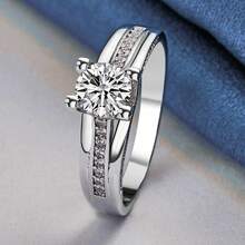 925 Silver Plated Zirconia Rings With Classic Four-Claw Design 7-10 Size For Women Engagement Ring For Wedding Party And Daily Wear Fashion Jewelry Holiday Gift / Valentine's Day Gift - Silver - View 4