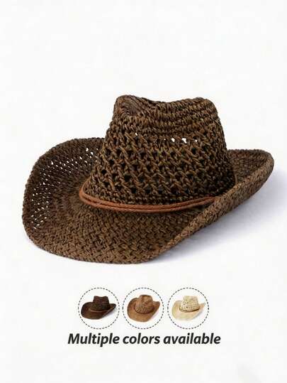 1pc Vintage Hollow Brim Wide Brim Straw Hat, Unisex Outdoor Travel Beach Sun Hat, Handwoven Breathable Western Cowboy Panama Hat, Spring/Summer