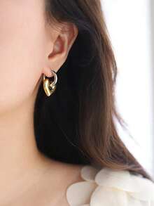 Stainless Steel Waterproof Vintage Gold & Silver Dual-Color Heart Shaped Earrings, Ideal For Women For Daily Wear Valentines,Mom,Mother,Mother's Day,Gift - 金色雙色 - 查看 5