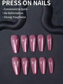 24pcs Y2K Long Coffin Shaped Aesthetic Crystal Cat Eye Nail Stickers, Perfect Fit, Red Cat Eye Acrylic False Nails Set Includes 1pc Jelly Gel And 1pc Nail File, Suitable For Women & Girls Daily Wear, Rave Party Manicure Supplies - Coral Pink - View 2