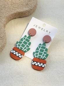 1对女士仙人掌盆栽印花陶瓷质感INS风设计可爱优雅长耳环 - 彩色 - 查看 4