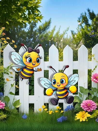 Set Of 2 Metal Bee Wall Art For Outdoor Decoration, Vibrant And Lively Metal Bee Designs, Perfect For Enhancing Outdoor Fences, Can Be Displayed In Patios, Gardens, Fences, And Balconies