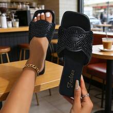 Women's Flat Slippers For Summer Outdoor Wear, Plus Size Fashion Crystal Embellished Mother Sandals - Black - View 14