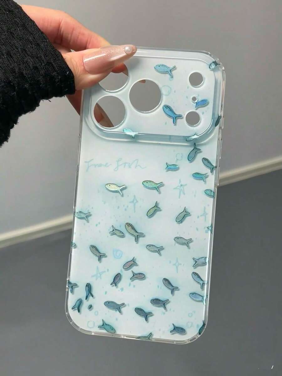 小众高端激光全息蓝色扎染鱼形图案全覆盖防震保护手机壳，兼容 17 Pro Max、16、15、13，个性化创意保护套 - 藍色 - 查看 1