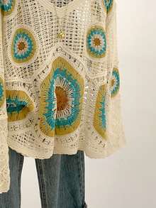 Blusa de punto hueco de estilo bohemio, suéter de cuello en V verde esmeralda vintage, suéter de punto para playa y vacaciones de verano - Albaricoque - Ver 4