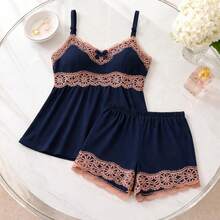 Women's Baby Doll Set With Lace, Short Doll Pajamas, Lightweight, Soft, Cool And Adjustable Straps - Màu xanh hải quân - Xem 3