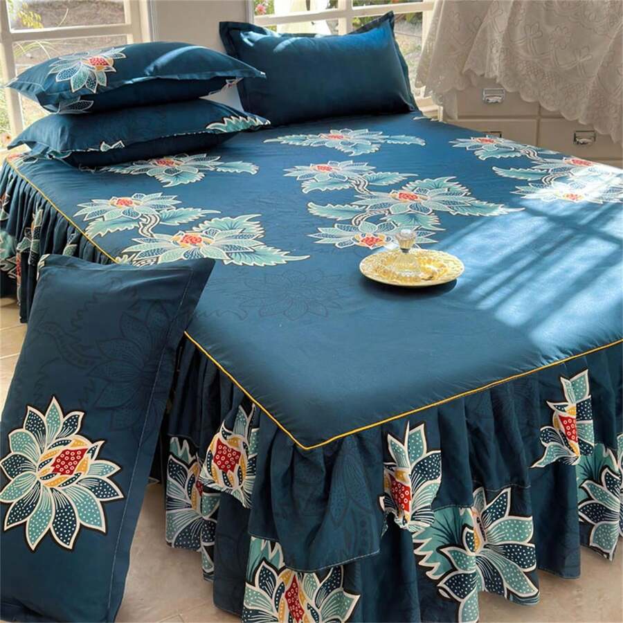 3pcs Bed Skirt Set (1 Bed Skirt + 2 Pillowcases, No Pillow Insert), Printed Anti-Slip Bedding Set, Suitable For Bedroom And Guest Room - Elegant Bloom - View 1