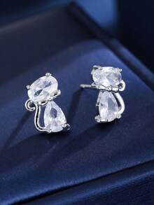 1 Pair Minimalist Double Rhinestone Cute Cat Zirconia Stud Earrings, Suitable For Friends, Dates, Daily Wear - W17874 - View 2