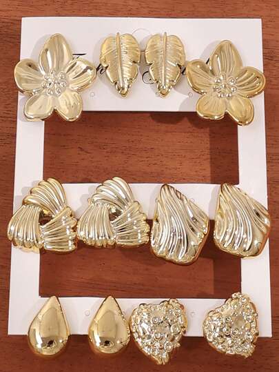 Bộ 2/12 khuyên tai mạ vàng hình hoa năm cánh, lá, giọt nước, trái tim, tam giác quấn sọc, kiểu dáng sang trọng, tinh tế, đa năng, không gây dị ứng, phù hợp cho nữ giới đeo hàng ngày, du lịch, đi biển và nghỉ lễ.