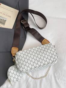 Spring New Letter Print Wide Strap Shoulder Bag, Retro Minimalist Fashion Chain Crossbody Bag 3-Piece Set - White - View 6