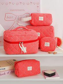 1Pc/Set Red Plaid Gilrs Make Up Bag Travel Toiletry Bag, Large Capacity Cosmetic Bag Pouch Handheld Makeup Bag Portable Toiletry Washing Bag Skincare Bag With Zipper Closure For Cosmetics,Brushes,Skincare,Lip Oil,Hand Cream,Sationery,Coin,Small Items,Make Up Case Makeup Pouch Cosmetic Organizer,Home Decor Livingroom Decor,Travel Essentials,Birthday Gift Wedding Bridesmaid Gift - Redberry Grid - View 24
