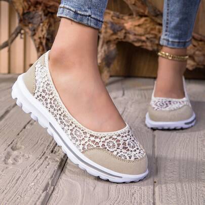 Casual Breathable Lace Hollow-Out Soft Bottom Slip-On, Multiple Color Options