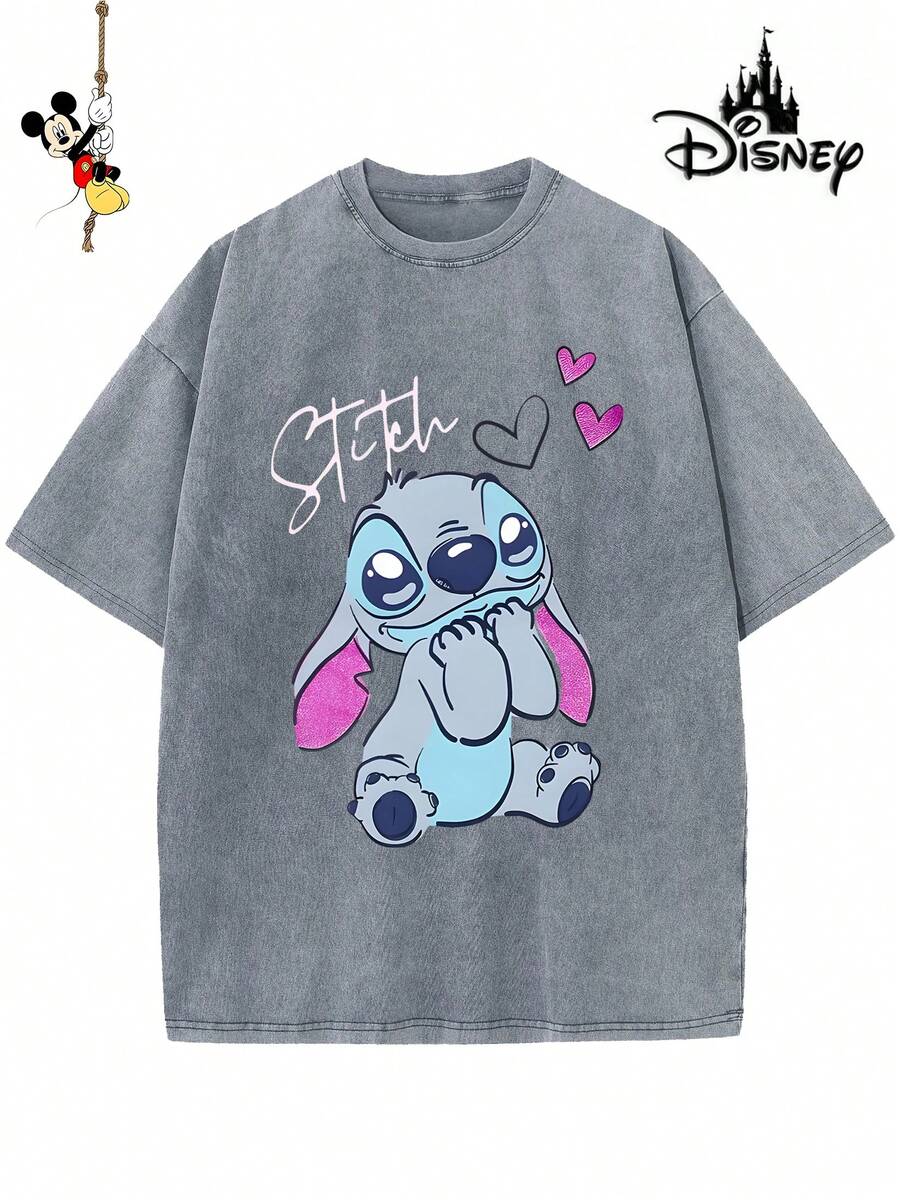 Disney-Licensed Men's Cotton T-Shirt For The 2026 Family Holiday. Featuring A Stitch Motif, Washed Crew Neck, Soft And Comfortable Feel, Easy Care And Suitable For Various Occasions Such As Holidays, Everyday Life And Commuting – Full Of Festive Spirit. - 灰色 - 查看 1