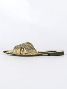 French New Pointed Toe Gold Woven Versatile Soft Vacation Style Open Toe Slide Sandals For Women - Gold - View 6