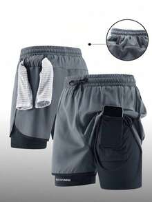 Men's Summer Quick-Dry Sports Shorts, Built-In Lining, Moisture-Wicking Breathable Double-Layer Design, Letter Pattern, Elastic Waistband With Drawstring, Fitness Shorts, Men's Gym Wear, Suitable For Summer, Outdoor Activities Gift, Basketball Shorts, Soccer Shorts - Light Grey - View 3
