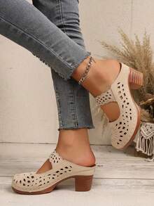 Women's High-Heel Sandals | Retro Breathable Cut-Out & Laser-Cut Design | Slip-On With Patterned Strap, Closed Round Toe & Thick Heel |European-American Style Summer Back-To-School Shoes - Màu Khaki - Xem 4