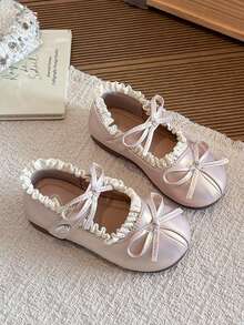 1 Đôi giày công chúa đế mềm cho trẻ em, giày đi hàng ngày cho trẻ mẫu giáo, giày da buộc dây nơ cho bé gái - Hồng - Xem 2