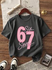 2pcs Girls Casual Sports Set, Pink Numeric & Letter Print Short Sleeve T-Shirt Paired With Elastic Waist Shorts, Sweet & Spicy Vibe, Suitable For Campus, Street, Daily Wear, Comfortable & Breathable - Dark Grey - View 4