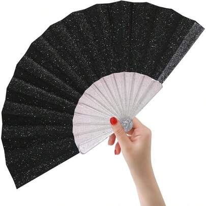1 pieza Abanico de mano negro brillante, abanico de playa de verano, accesorio esencial para carnaval, accesorio de playa, adecuado para festivales, bodas y viajes