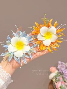1pc/4pcs Spring & Summer New Faux Plumeria Hair Clips, Beach Vacation Style Side Bangs Duck Clip Hair Accessories - Multicolor - View 3