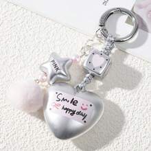1 pieza Llavero con pompón de peluche con forma de corazón lindo para mujer, llavero personalizado con dado de plata mate con estrella de cinco puntas, regalo para mejor amiga - Multicolor - Ver 5