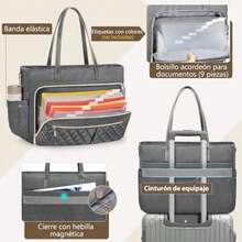Bolsa para Laptop Mujer 15.6 Pulgadas Portafolios para Mujer Bolsos para La Universidad Bolsa de Mano para Profesores Bolsillo con AcordeóN para Documentos and Bolsillo de Papel Aluminio Aislado - Gris oscuro - Ver 4
