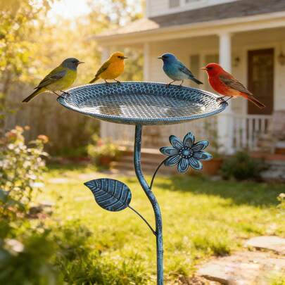 1个复古铁艺鸟浴盆，户外地插式鸟浴盆，点状纹理户外喂鸟器，露台花园复古装饰，亲子观鸟互动工具，母亲节送给长辈的贴心花园礼物