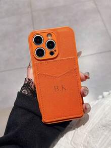 Personalized Luxury Crocodile Texture Embossed Letter Faux Leather Card Holder & Phone Case, Compatible With Apple 17, 16, 15, 14, 13, 12, 11 Pro Max, 14, 15, 16 Plus, 17 Air. Hot Stamping Letter Customization, Minimalist Anti-Fingerprint Anti-Drop Anti-Shock Couple Phone Case Soft Shell, Valentine's Day Gift, Phone Accessory - Orange - View 2