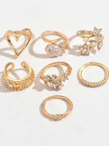 7pcs/Set Minimalist Elegant Flower & Heart Rhinestone Ring Set, Suitable For Women, Couples, Friends, Vacation, Daily Wear, Wedding, Mother's Day Gift - Yellow Gold - View 4