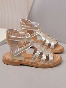 1 Pair Girls Fashion New High-Top Flat Princess Roman Sandals, Non-Slip Infant Casual Sandals, Versatile Children Beach Shoes, Suitable For Summer - Gold - View 6