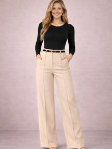Women's Tailored Pants With Belt Pockets Formal Pantaloons Simple Elegant Composite Fabric Zipper Pocket With Belt Women's Winter - 米色 - 查看 1