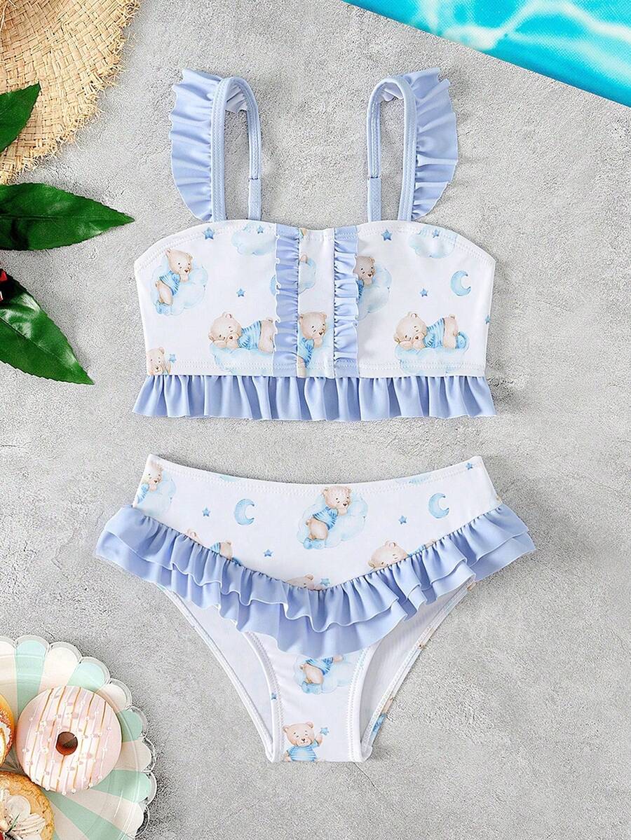 Bộ bikini tankini thời trang in hình hoạt hình, viền bèo nhún, dành cho bé gái. - Nhiều màu - Xem 1