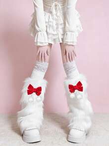1 Pair Sweet Wine Red Bow & White Fuzzy Leg Warmers (May Have Slight Shedding) - Multicolor - View 7