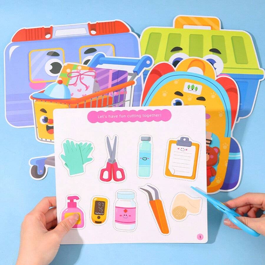 1 Set Paper Art Puzzle Game, Including Cutting Paper, Stickers And Puzzles, Montessori STEM Toys, With Shopping Cart, Pet Carrier, Backpack And Medical Kit, Helps Develop Fine Motor Skills - Multicolor - View 1
