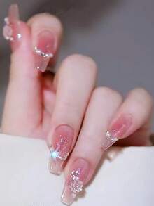 24pcs Medium-Long False Nails, Blush Glitter Aurora Rhinestone Camellia Pearl + 24pcs Jelly Gel + Nail Buffer Block - Multicolor - View 7