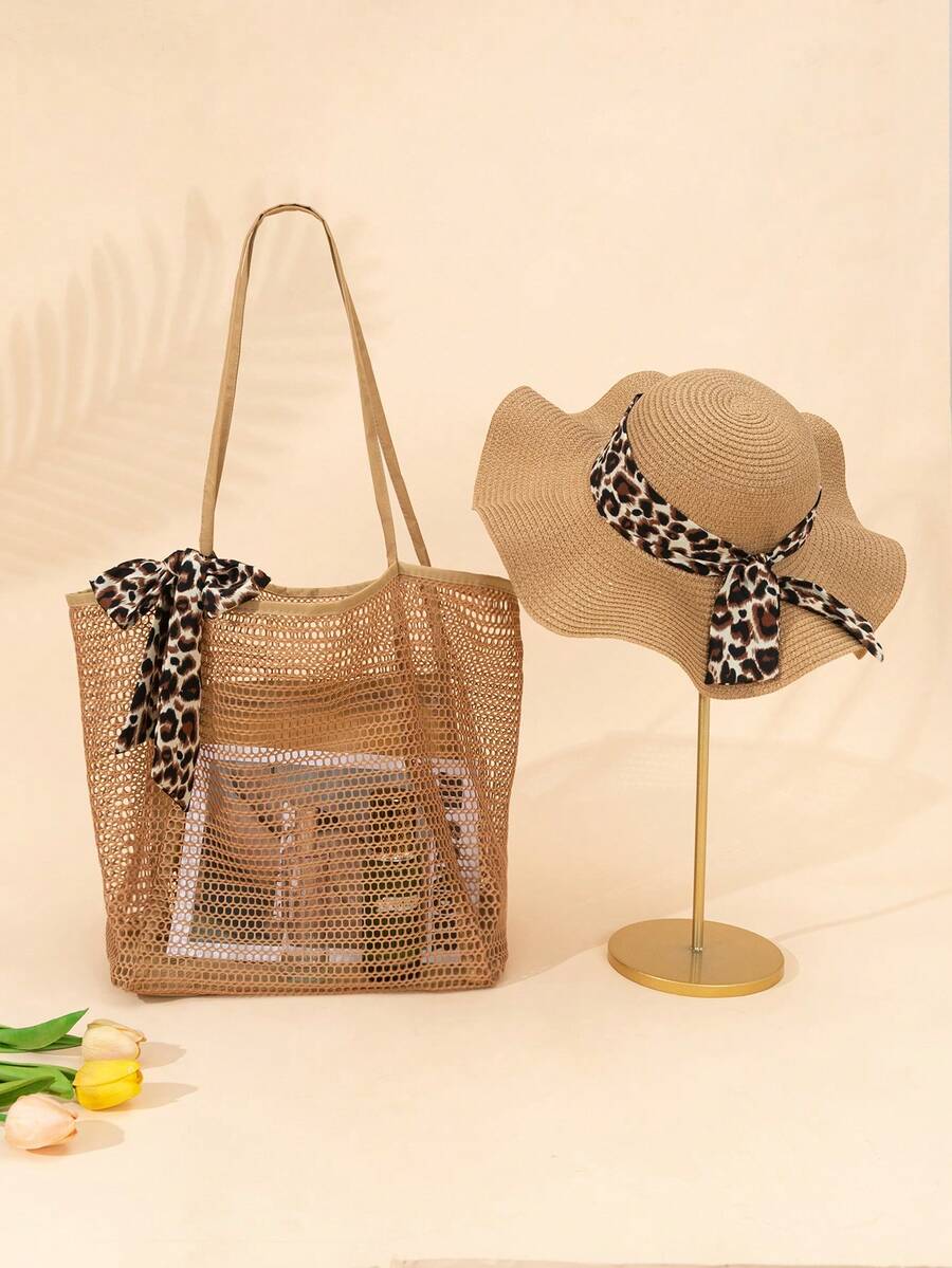 女士时尚豹纹遮阳帽和钩编网眼手提包套装，适合夏季海滩、邮轮、泳池派对、度假和旅行。宽帽檐，轻便，可折叠，透气，防紫外线 - 彩色 - 查看 1