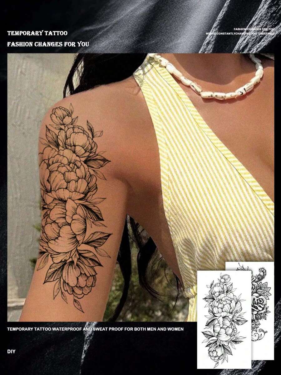 2 pezzi Tatuaggi temporanei alla moda con disegno floreale, tatuaggi finti con stampa floreale, tatuaggi temporanei unisex per il corpo, impermeabili e resistenti al sudore, adatti per braccia, mani, addome e piedi, facili da applicare e rimuovere, durano 7-14 giorni, adesivi decorativi per feste in spiaggia e regali fai-da-te - nero - Visualizzare 1