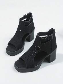 Sandali da donna con tacco alto spesso 8 cm, comodi, con cinturini incrociati e punta aperta, sandali con plateau, calzature formali estive - nero - Visualizzare 3
