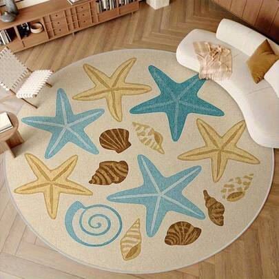 1件贝壳和海星图案圆形米色地毯，柔软舒适，适用于卧室、客厅、办公室、书房、海滨风格装饰，可水洗，适合派对装饰，提升家居格调和节日魅力。