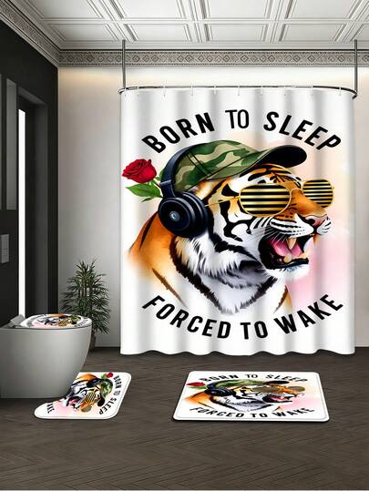 1/4pcs Set Hiphop Cool Tiger Bathroom Shower Curtain Set, 72in*72in - "Born To Sleep, Forced To Wake" Camouflage Hat, Headphone, Sunglasses Tiger Pattern Waterproof, Durable Bathroom Accessories - Includes Toilet Lid Cover, U-Shaped Toilet Mat And Non-Slip Floor Mat, Made Of Polyester Knit Fabric - Washable, Mildew Resistant - Suitable For Spring, Home/Hotel/Bachelor/Outdoor/Dorm/Western/Holiday Bathroom Decor, Back To School Essential[Comes With 12 Hooks]